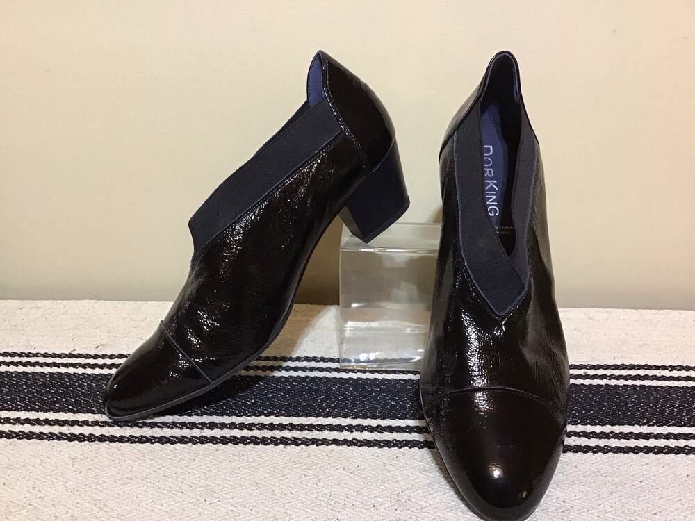 Dorking Dora Women Black Shiny Crinkle Leather Heels Sz 42-US11-11.5 Upscale Lux